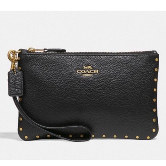 COACH Black Pebble Leather Wristlet With Rivets - Picture 1 of 6